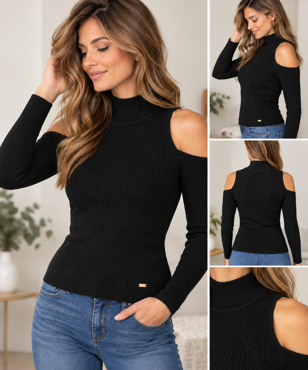 LOFT The Original Women M Black Cold Shoulder Ribbed Knit Sweater Slim Fit